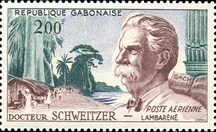 Erste Briefmarke der neuen Republik Gabon mit dem Portrait Schweitzers